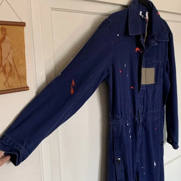Artist coveralls, jumpsuit, patches and paint, drawstring bottoms, button up